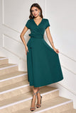 Dark Green V Neck Chiffon Short Sleeve Prom Dress with Bow