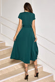 Dark Green V Neck Chiffon Short Sleeve Prom Dress with Bow