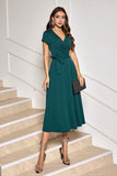 Dark Green V Neck Chiffon Short Sleeve Prom Dress with Bow