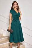 Dark Green V Neck Chiffon Short Sleeve Prom Dress with Bow