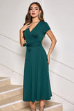 Dark Green V Neck Chiffon Short Sleeve Prom Dress with Bow