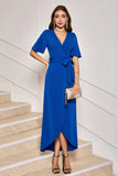 Royal Blue Half Sleeves V Neck Chiffon Prom Dress with Bow