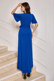 Royal Blue Half Sleeves V Neck Chiffon Prom Dress with Bow
