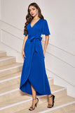 Royal Blue Half Sleeves V Neck Chiffon Prom Dress with Bow