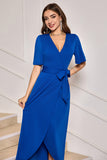 Royal Blue Half Sleeves V Neck Chiffon Prom Dress with Bow