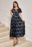 Black Lace Floral A Line V Neck Short Sleeve Prom Dress