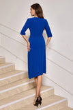 Royal Blue V Neck Pleated Half Sleeve Tight Prom Dress