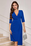 Royal Blue V Neck Pleated Half Sleeve Tight Prom Dress