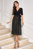 Sparkly Sequins Black V Neck Half Sleeves Prom Dress