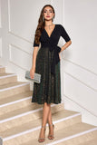 Sparkly Sequins Black V Neck Half Sleeves Prom Dress