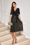 Sparkly Sequins Black V Neck Half Sleeves Prom Dress
