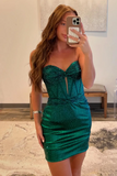 Strapless Dark Green Corset Tight Beaded Homecoming Dress