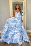 Blue Embroidery A Line Corset Strapless Long Prom Dress