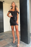 Off the Shoulder Black Corset Tight Homecoming Dress with Appliques