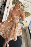 Flroal Gold A Line Spaghetti Straps Corset Short Homecoming Dress with Appliques