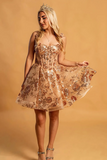 Flroal Gold A Line Spaghetti Straps Corset Short Homecoming Dress with Appliques