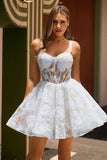 White A-Line Corset Floral Homecoming Dress