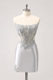Strapless Silver Glitter Corset Homecoming Dress With Appliques