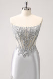 Strapless Silver Glitter Corset Homecoming Dress With Appliques