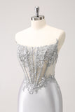 Strapless Silver Glitter Corset Homecoming Dress With Appliques