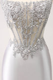 Strapless Silver Glitter Corset Homecoming Dress With Appliques