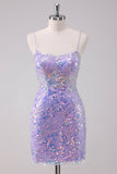 Purple Spaghetti Straps Bodycon Mini Dress With Sequins