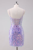 Purple Spaghetti Straps Bodycon Mini Dress With Sequins