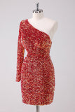 One Shoulder Glitter Red Tight Homecoming Dress with Hollow-out