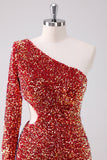 One Shoulder Glitter Red Tight Homecoming Dress with Hollow-out