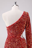 One Shoulder Glitter Red Tight Homecoming Dress with Hollow-out