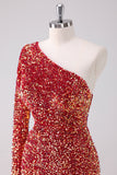 One Shoulder Glitter Red Tight Homecoming Dress with Hollow-out