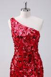 One Shoulder Sparkly Red Tight Homecoming Dress With Sequins
