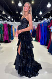 Black Bow Glitter Tiered Strapless A Line Prom Dress with Slit