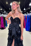 Black Bow Glitter Tiered Strapless A Line Prom Dress with Slit