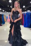 Black Bow Glitter Tiered Strapless A Line Prom Dress with Slit