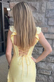 Yellow Ruffle Beaded Corset Spaghetti Straps Prom Dress with Slit