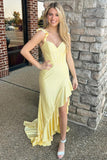 Yellow Ruffle Beaded Corset Spaghetti Straps Prom Dress with Slit