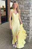 Yellow Ruffle Beaded Corset Spaghetti Straps Prom Dress with Slit