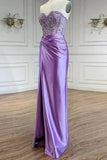Sparkly Purple Beaded Corset Strapless Prom Dress with Split