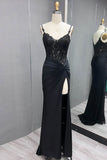Black Beaded Corset Pleated Spaghetti Straps Prom Dress with Split