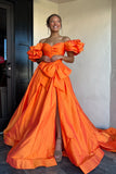 Orange Off The Shoulder Bow A Line Prom Dress with Slit
