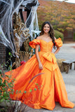 Orange Off The Shoulder Bow A Line Prom Dress with Slit