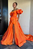 Orange Off The Shoulder Bow A Line Prom Dress with Slit