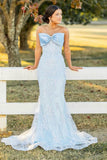 Sky Blue Mermaid Appliques Corset Prom Dress with Bow