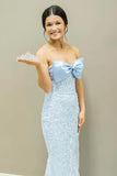 Sky Blue Mermaid Appliques Corset Prom Dress with Bow
