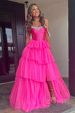 Fuchsia Tulle Tiered Corset Beaded Prom Dress with Slit