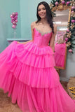 Fuchsia Tulle Tiered Corset Beaded Prom Dress with Slit