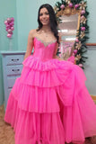 Fuchsia Tulle Tiered Corset Beaded Prom Dress with Slit