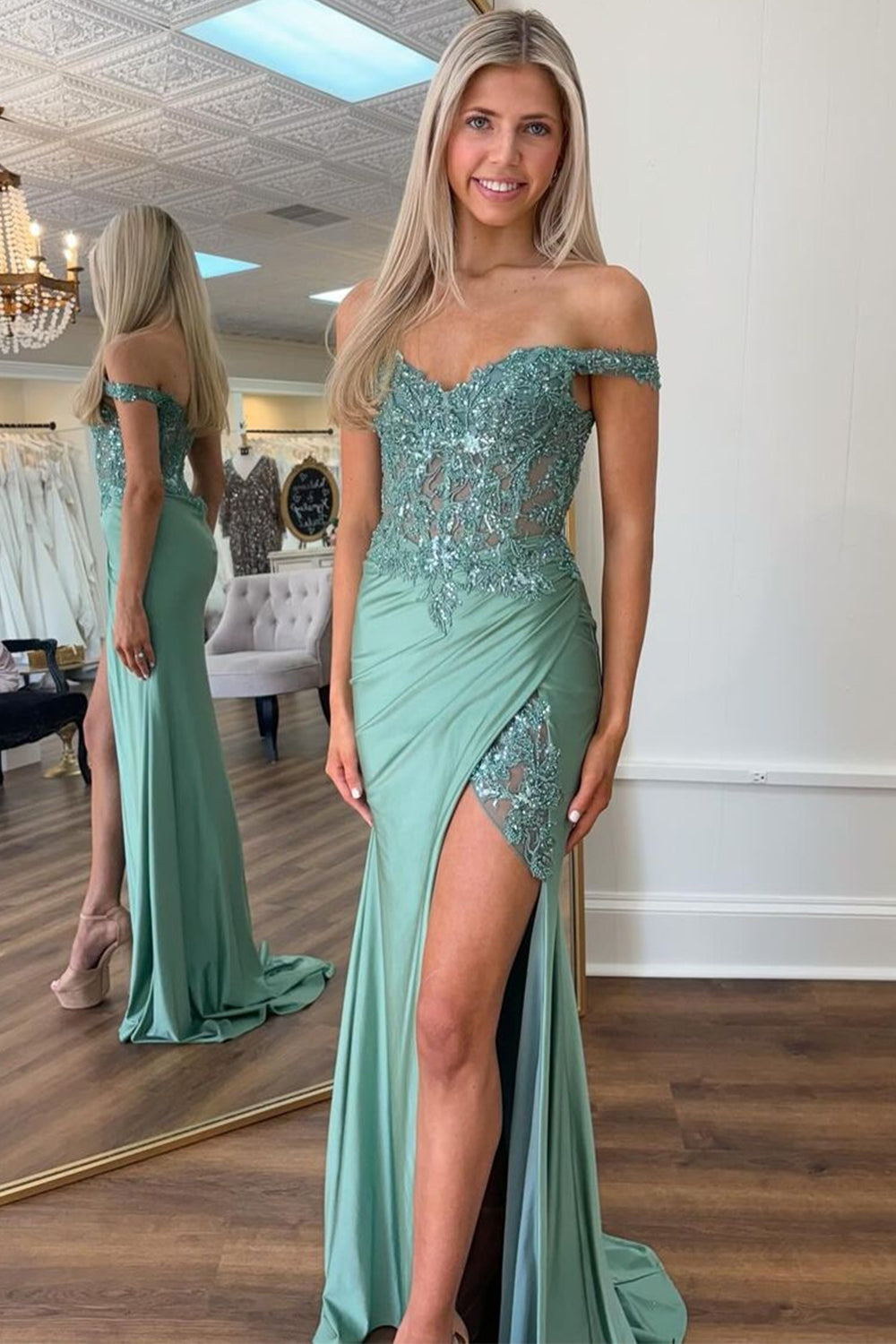 Lvnes Women Glitter Prom Dress with Slit Mermaid Off The Shoulder