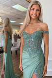 Glitter Green Mermaid Off The Shoulder Appliques Prom Dress with Slit